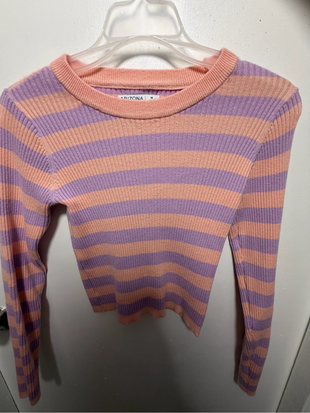 Arizona Jean Company Peach & Lavender Striped Ribbed Crew Sweater